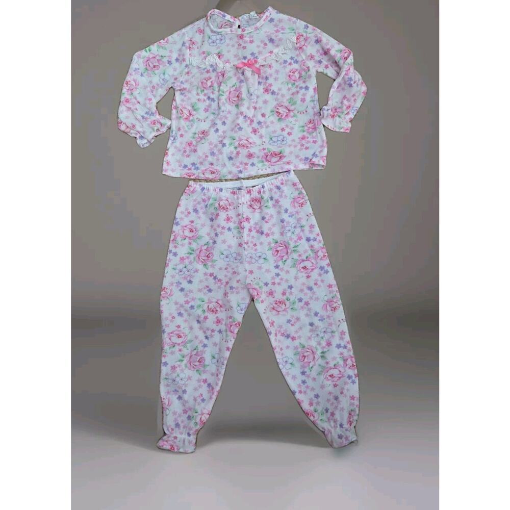 VTG Candlesticks Girls PINK FLORAL Top 2 Piece Pajamas Set Size 3T‎ Made in USA